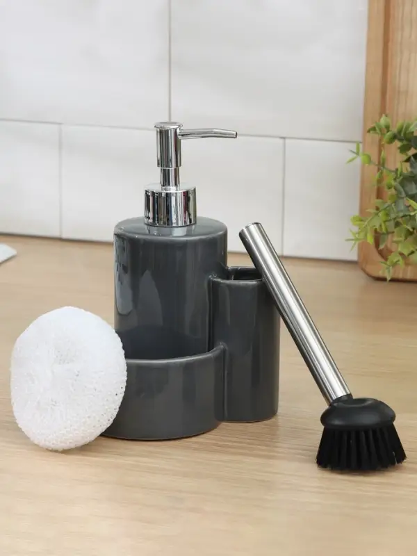 Дозатор для моющего средства Доляна &laquo;Милитари&raquo;, 370 мл, с губкой и щёткой, серый