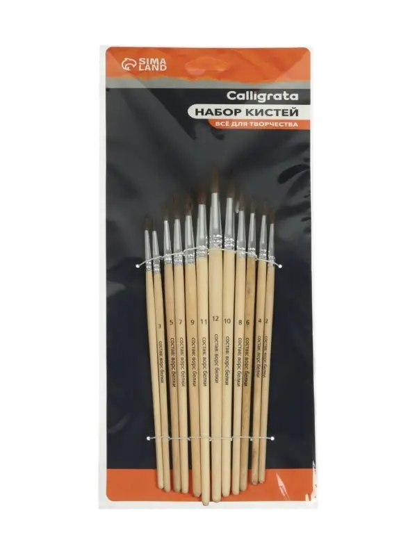 Набор кистей для рисования, белка, 12 штук: № 1, 2, 3, 4, 5, 6, 7, 8, 9, 10, 11, 12, круглые, деревянная ручка, международный размер