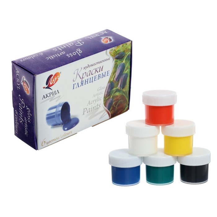 Краска акриловая, набор 6 цветов х 20 мл,  Краска акриловая, набор 6 цветов х 20 мл, "Луч", художественные