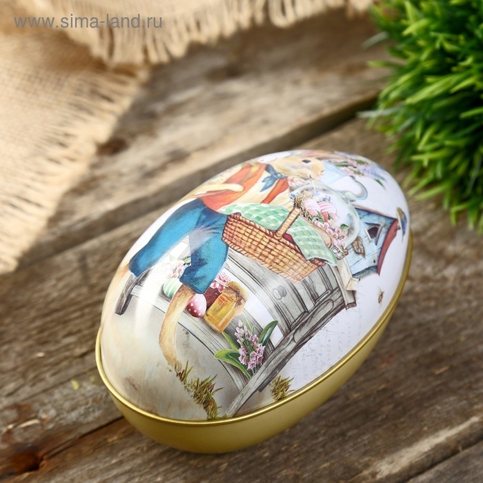 Шкатулка металл яйцо  Шкатулка металл яйцо "Заяц с корзиной" 11х6,5х7 см