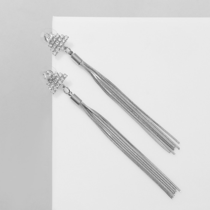 Серьги висячие со стразами «Одиссея» треугольник, цвет белый в серебре