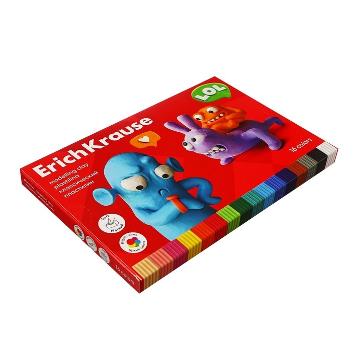 Пластилин 16 цветов, 288 г, ErichKrause Пластилин 16 цветов, 288 г, ErichKrause "Jolly Friends", со стеком, в картонной упаковке