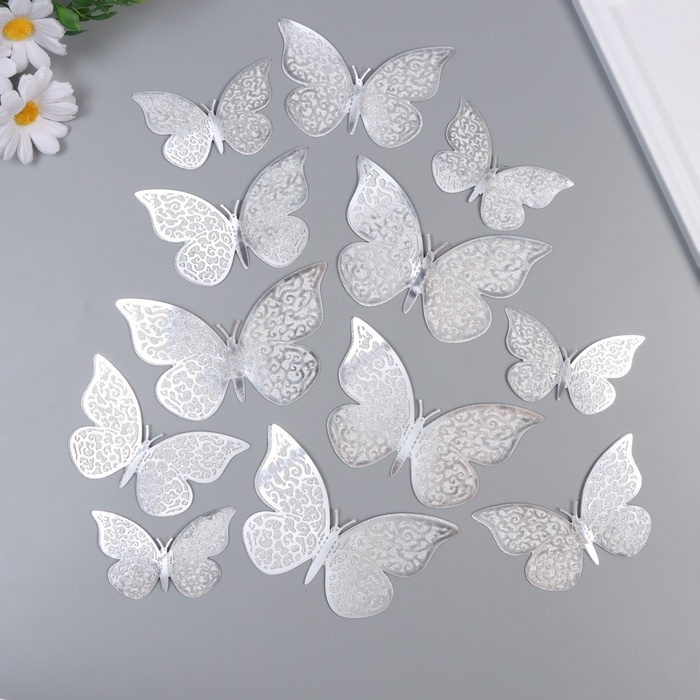 Наклейка бумага, пластик Наклейка бумага, пластик "Цветочные бабочки серебро" блёстки набор 12 шт 12 см, 10 см 8 см 1052426