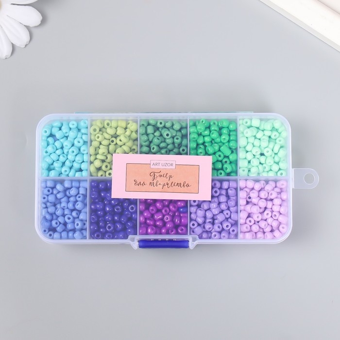 Бисер стекло 6/0 в шкатулке 10 делений  Бисер стекло 6/0 в шкатулке 10 делений "Сине-зелёный" 1 деление=10 гр 12,8х6,5х2,2 см