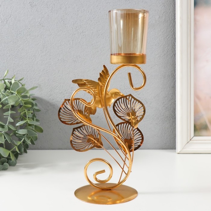 Подсвечник металл, стекло на 1 свечу Подсвечник металл, стекло на 1 свечу "Полет колибри" d=4,7 см, золото 15,5х9х27,8 см