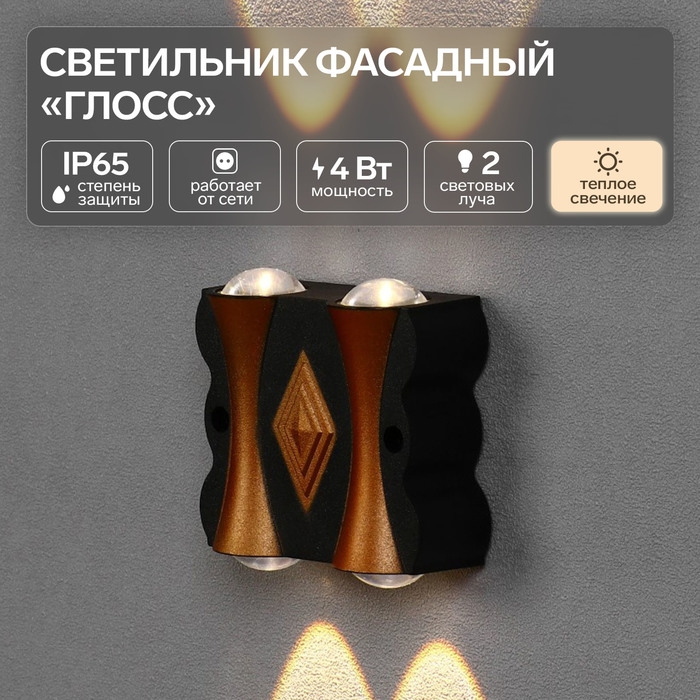 Светильник фасадный «Глосс», FSD-046, 4 Вт, 3000К, 2 луча, IP65, 220 В, пластик, черный Светильник фасадный «Глосс», FSD-046, 4 Вт, 3000К, 2 луча, IP65, 220 В, пластик, черный