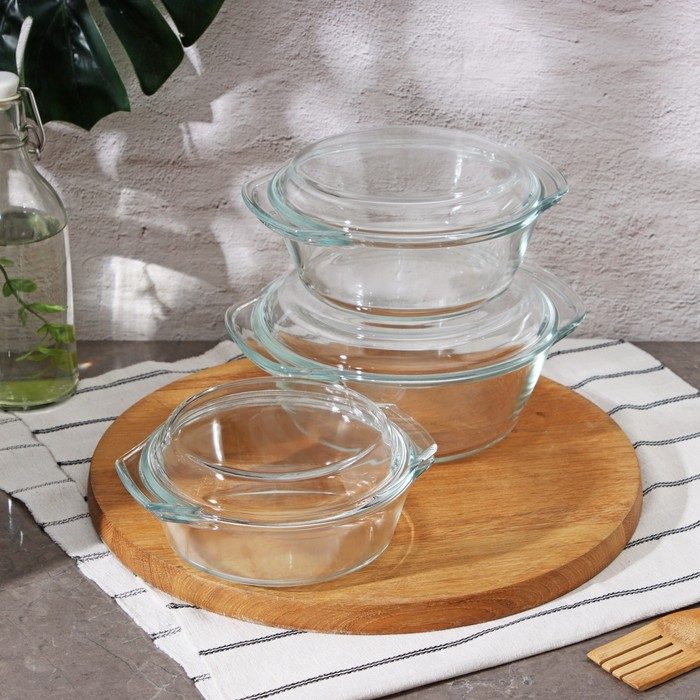 Набор кастрюль из жаропрочного стекла для запекания Доляна «Гратен», 3 предмета: 0,7 л, 1 л, 1,5 л, с крышками Набор кастрюль из жаропрочного стекла для запекания Доляна «Гратен», 3 предмета: 0,7 л, 1 л, 1,5 л, с крышками