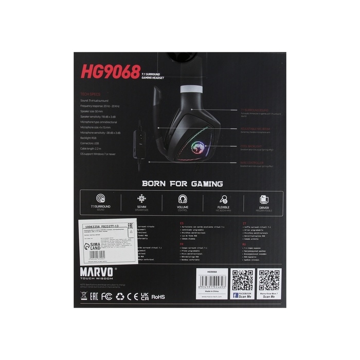 Наушники Marvo HG9068, игровые, полноразмерные, микрофон, USB, 2.1 м, RGB, чёрные Наушники Marvo HG9068, игровые, полноразмерные, микрофон, USB, 2.1 м, RGB, чёрные