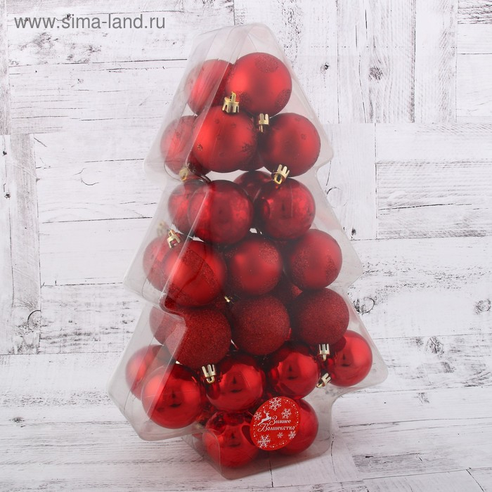 Набор шаров пластик d-5 см, 34 шт Набор шаров пластик d-5 см, 34 шт "Ёлочка - снежинки и горох" красный