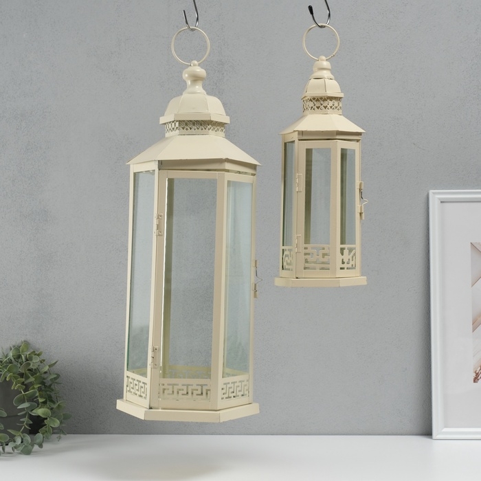 Подсвечник металл, стекло фонарик Подсвечник металл, стекло фонарик "Фес" белый с патиной набор 2 шт 35х13,5х11,8; 51х21х18 см