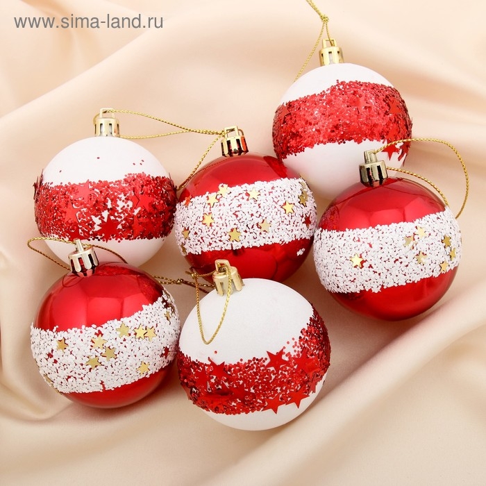 Набор шаров пластик d-6 см, 6 шт Набор шаров пластик d-6 см, 6 шт "Звёздный поясок" красно-белый