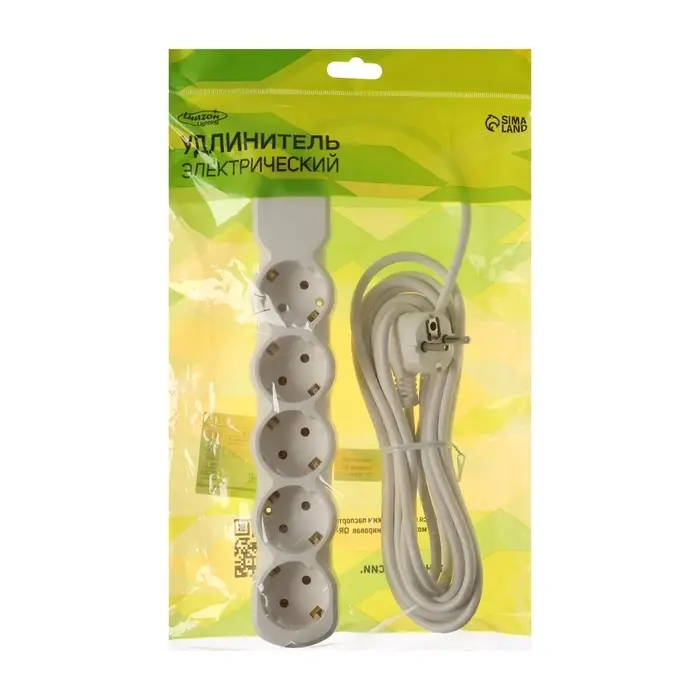 Удлинитель сетевой Luazon Lighting ECO, 5 розеток, 5 м, 10 А, 2200 Вт, заземление, белый