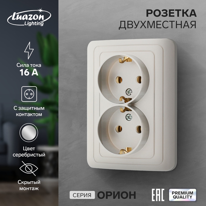 Розетка двухместная Luazon Lighting  Розетка двухместная Luazon Lighting "Орион", 16 А, скрытая, с з/к, серебристая