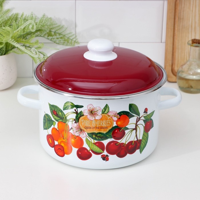 Кастрюля эмалированная «Черешня», 5.5 л, индукция, цвет белый Кастрюля эмалированная «Черешня», 5.5 л, индукция, цвет белый