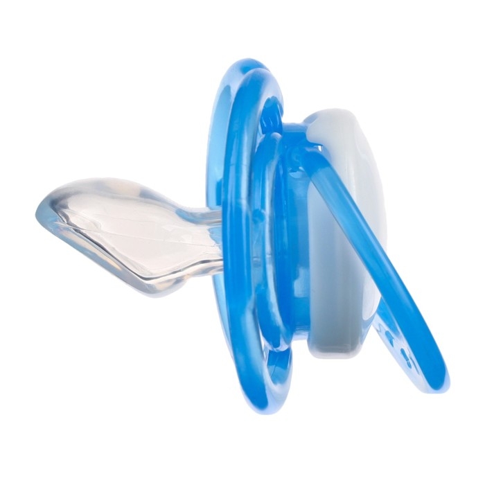 Соска - пустышка силиконовая ортодонтическая, от 12 мес., с колпачком, цвет голубой/белый Соска - пустышка силиконовая ортодонтическая, от 12 мес., с колпачком, цвет голубой/белый
