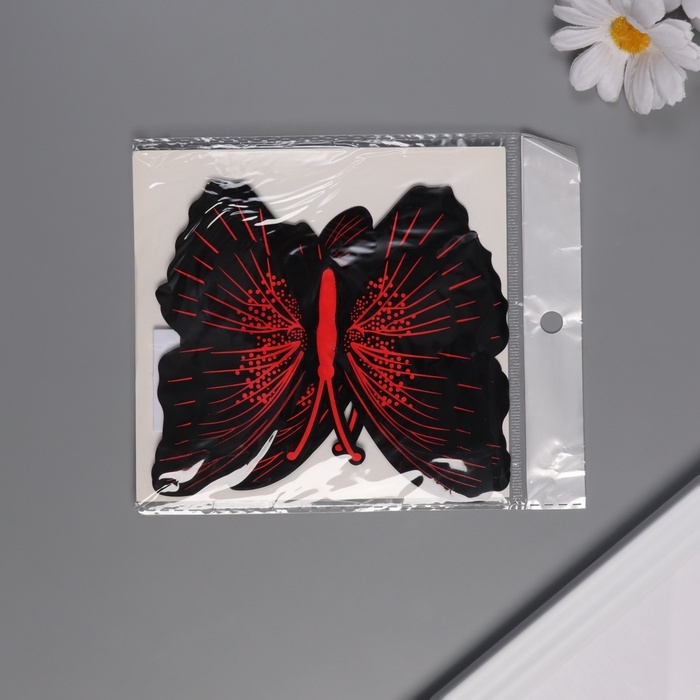 Наклейка пластик "Бабочки чёрные с красным" двойные крылья набор 12 шт 12 см, 10 см 8 см