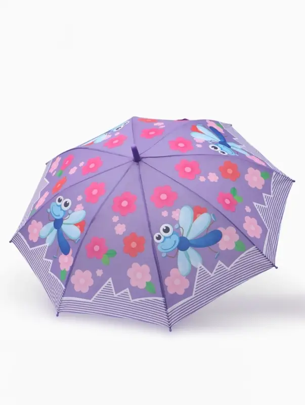 Зонт-трость детский п/авт R43/50 П/Э СТРЕКОЗА ручка-крюк сиреневый пакет