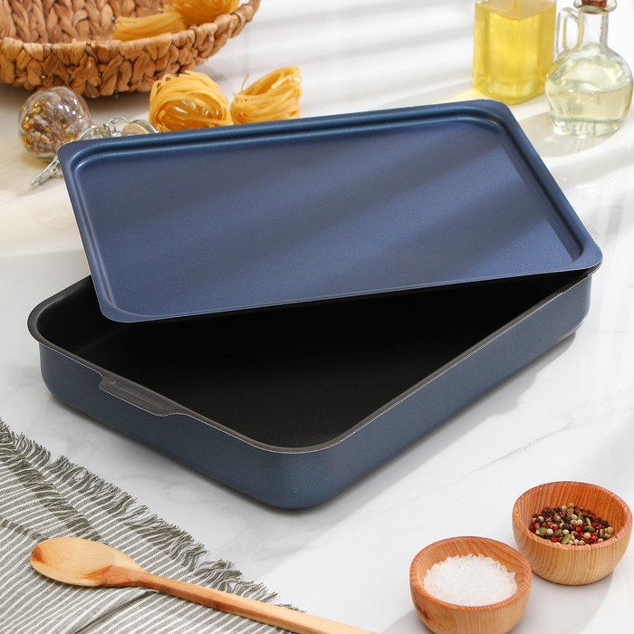 Противень прямоугольный, 27×35 см, h=6,3 см, с крышкой, антипригарное покрытие, цвет синий Противень прямоугольный, 27×35 см, h=6,3 см, с крышкой, антипригарное покрытие, цвет синий