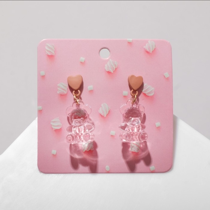 Серьги пластик «Мишки» с сердечками, цвет розовый в золоте Серьги пластик «Мишки» с сердечками, цвет розовый в золоте