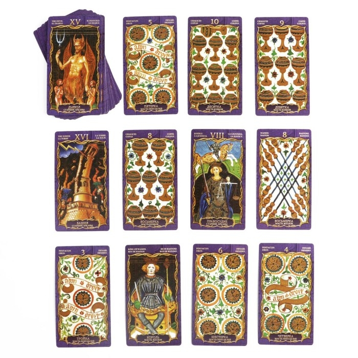Таро на Хэллоуин «Висконти-Сфорца», 78 карт (6х11 см), мешочек (12х19 см), четки, 16+ Таро на Хэллоуин «Висконти-Сфорца», 78 карт (6х11 см), мешочек (12х19 см), четки, 16+