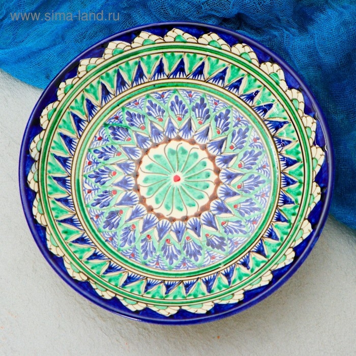 Тарелка Риштанская Керамика Тарелка Риштанская Керамика "Узоры", синяя, глубокая, 20 см