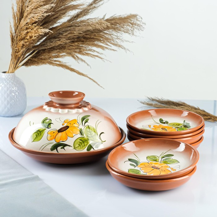 Набор для блинов 7 предметов: 1 шт. блинница, 6 шт. тарелок, с росписью, нектар Набор для блинов 7 предметов: 1 шт. блинница, 6 шт. тарелок, с росписью, нектар