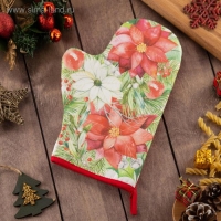 Новый год. Варежка-прихватка Christmas red flowers 20х28см, саржа, 100% хлопок, ватин 250г/м2