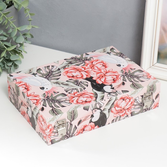 Шкатулка дерево Шкатулка дерево "Какаду и тукан в цветочных джунглях" кожзам 5,5х24х17 см