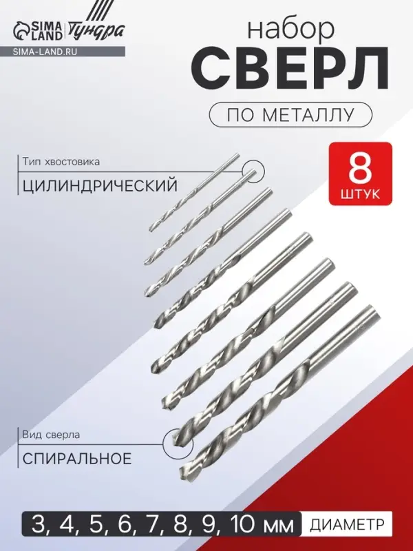 Набор сверл по металлу ТУНДРА, HSS, цилиндрический хвостовик, 3 - 10 мм (через 1 мм), 8 шт.