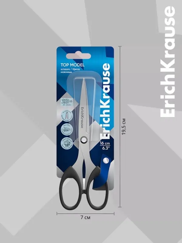 Ножницы ErichKrause Top Model, 16 см, с увеличенной толщиной лезвий из нержавеющей стали, чёрные