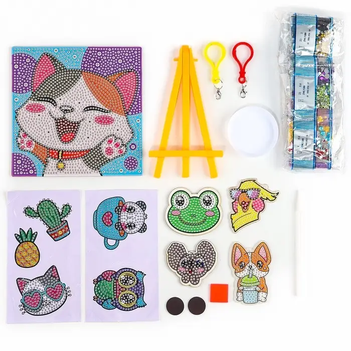 Алмазная мозаика 4в1 для детей. Создание стикеров, магнитов, брелоков и картины &laquo;Милые животные&raquo;, набор для творчества