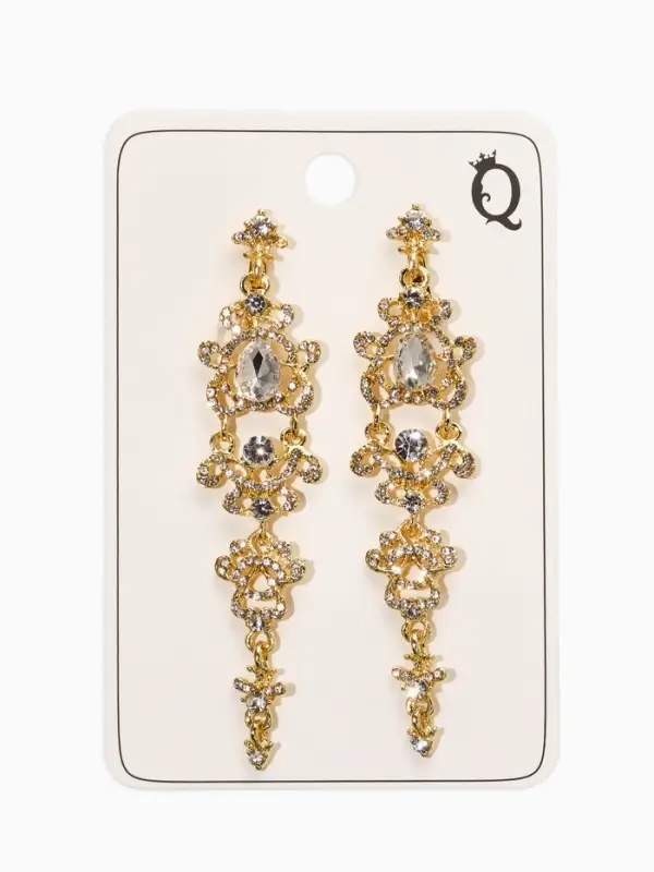 Серьги клипсы для ушей висячие со стразами QF &laquo;Ажур&raquo;, белые в золоте