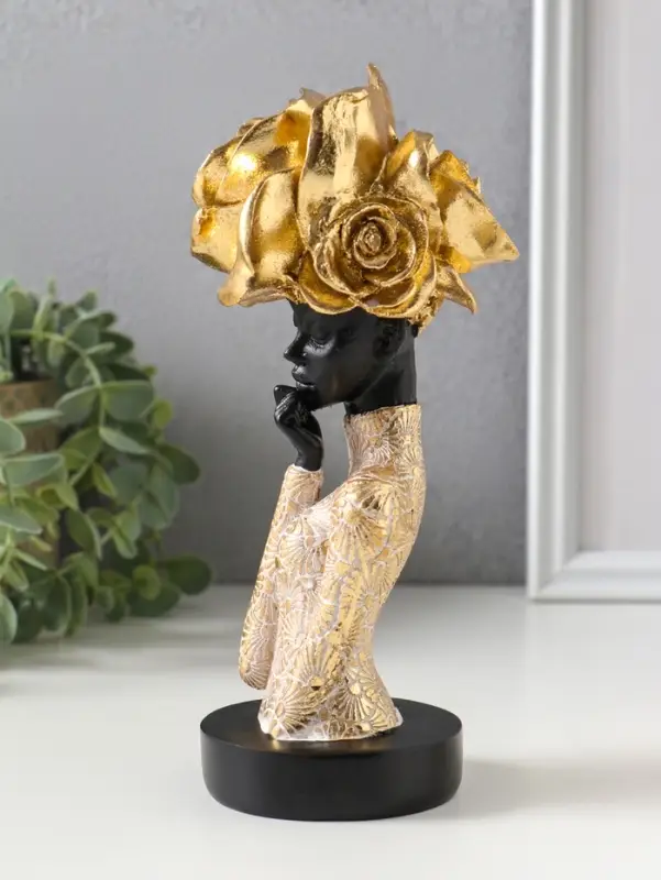 Бюст полистоун "Девушка с золотой розой, в наряде с узорами" чёрный 9х7,5х19,5 см