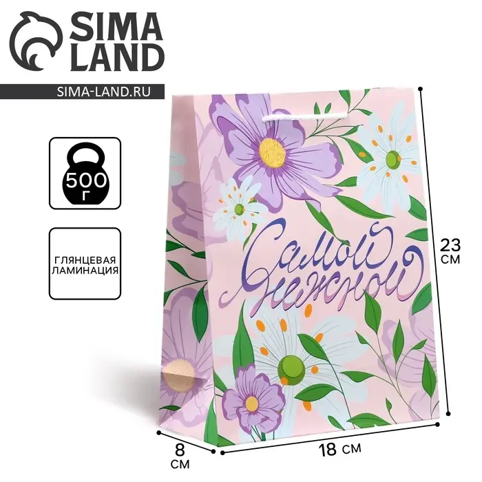 Пакет подарочный ламинированный, упаковка, «Самой нежной», MS 18 х 23 х 8 см Пакет подарочный ламинированный, упаковка, «Самой нежной», MS 18 х 23 х 8 см