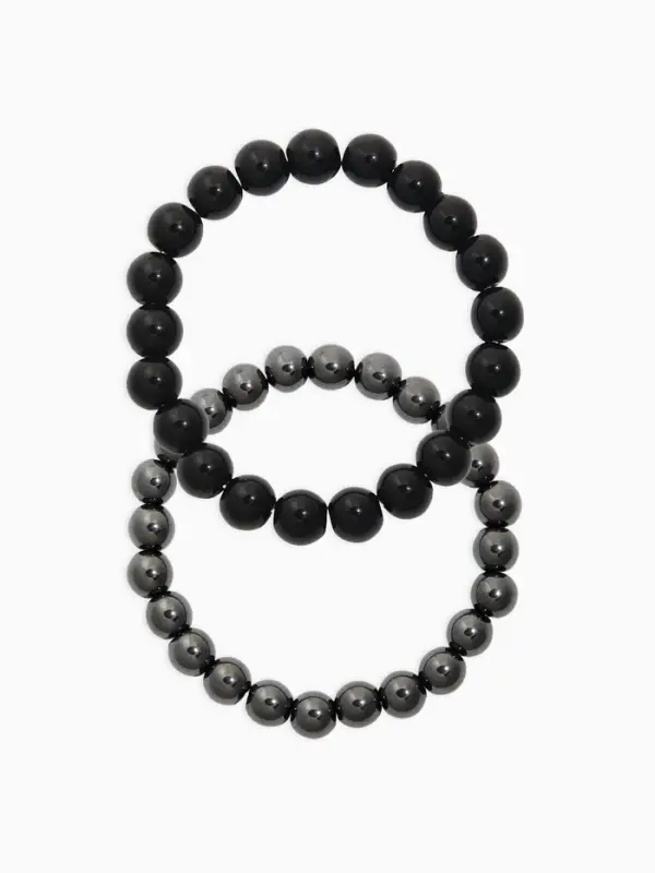 Набор браслетов из бусин &laquo;Гематит и Агат&raquo;, 2 шт. шар №8, №10, чёрный, металлик