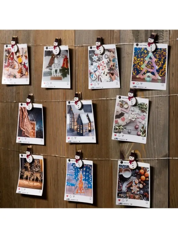 Гирлянда &laquo;Нить&raquo; 2 м, роса с насадками &laquo;Прищепка-снеговик&raquo;, IP20, серебристая нить, 20 LED, от батареек АА&times;2, свечение тёплое белое