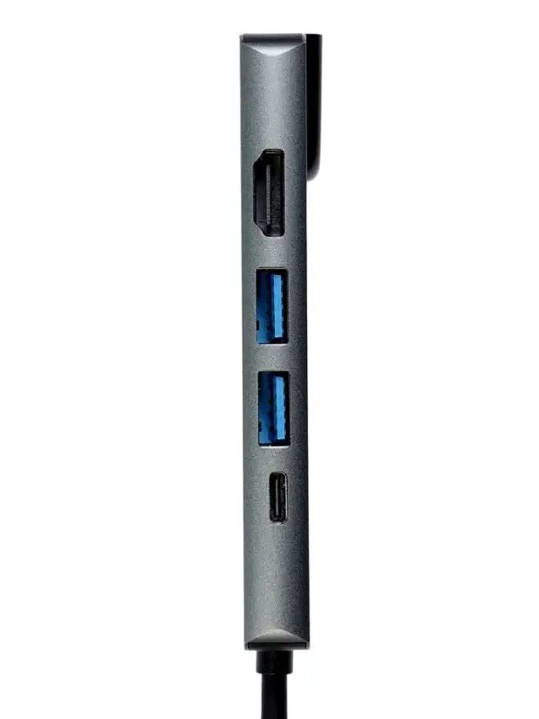 Type-C-разветвитель (HUB), HDMI/USB3.0/USB3.0/RJ45/PD, 60 ВТ, 3 А, кабель 13.5 см, серый