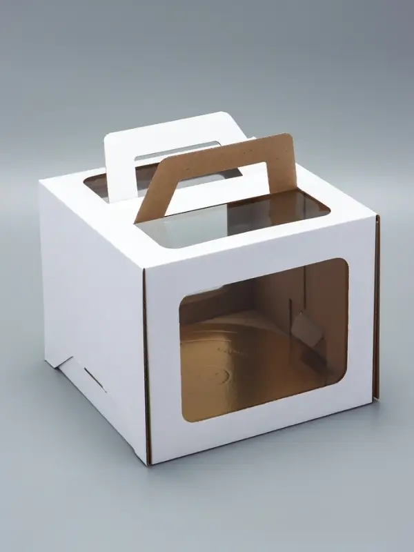 Коробка под торт 2 окна, с ручками, белая, + подложка 2.5 золото - белый, 24&times;24&times;20 см