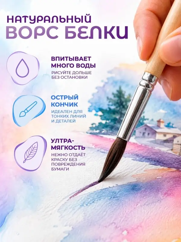 Кисти для рисования, белка, 5 штук: № 1, 2, 3, 4, 5, круглые, деревянная ручка, международный размер