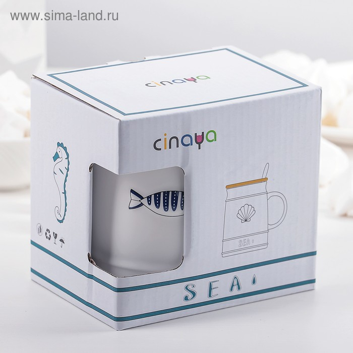 Кружка керамическая с деревянной крышкой и ложкой «Морская», 400 мл, рисунок МИКС Кружка керамическая с деревянной крышкой и ложкой «Морская», 400 мл, рисунок МИКС