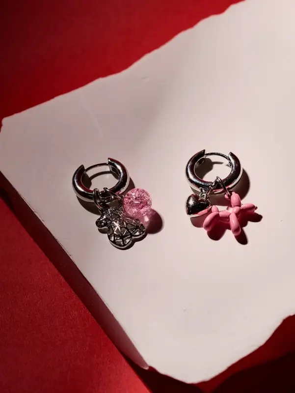 Серьги со съёмным элементом &laquo;Трансформер&raquo;, мишка, розовые в серебре