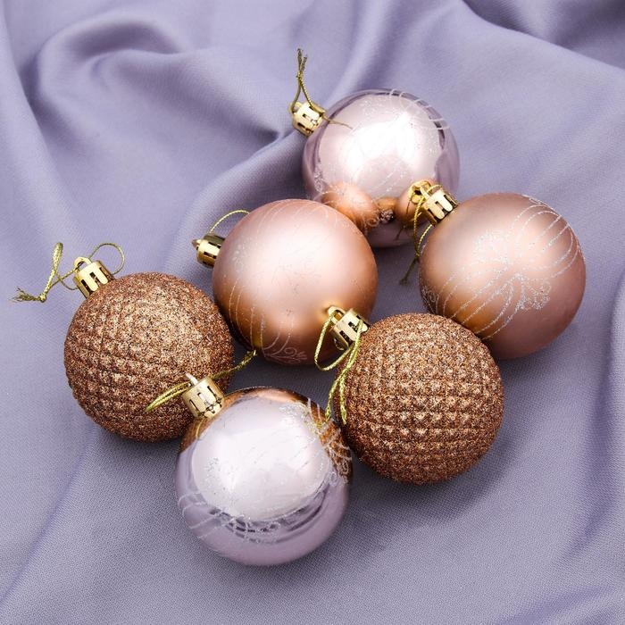 Набор шаров пластик d-6 см, 6 шт Набор шаров пластик d-6 см, 6 шт "Узорный микс" кремовый