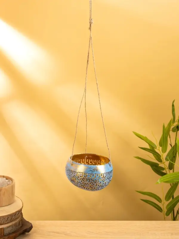 Подсвечник подвесной из кокоса, 14×14×10 см, сине-золотой