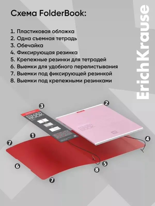 Тетрадь на спирали ErichKrause. FolderBook А5+, 48 листов, в клетку, съёмная пластиковая обложка, на резинке, красная