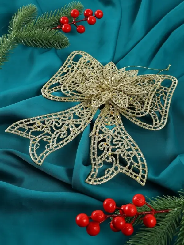 Ёлочная игрушка &laquo;Зимнее волшебство. Бант с цветком&raquo; пластик, 18&times;12.5 см, золото