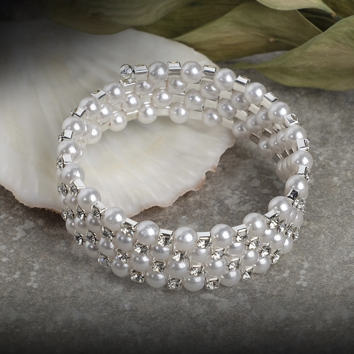 Браслет жемчуг «Пружинка» стразинки, шар №6, цвет белый в серебре, d=6 см Браслет жемчуг «Пружинка» стразинки, шар №6, цвет белый в серебре, d=6 см