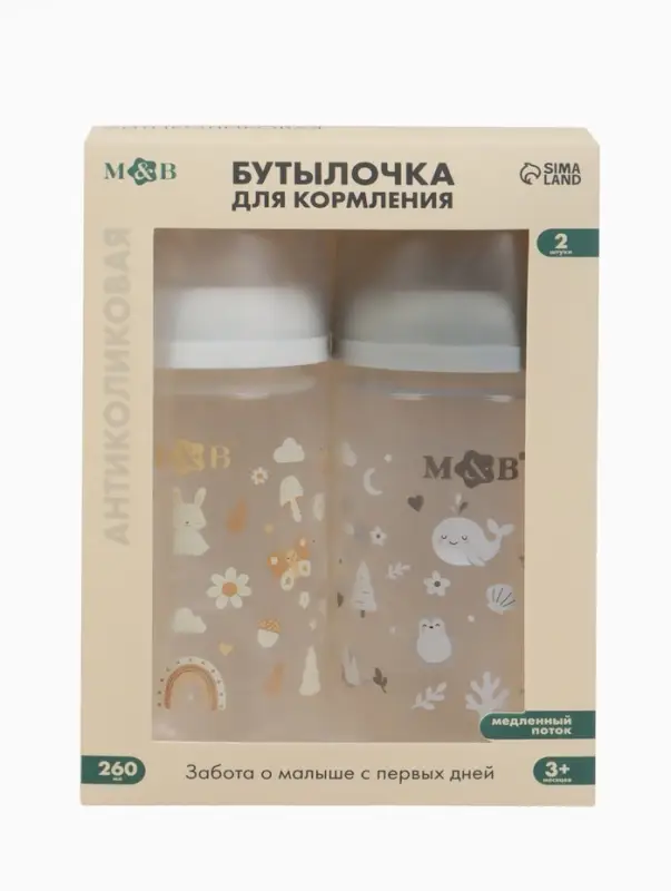 Бутылочка для кормления, широкое горло &Oslash;50 мм, +3мес., 260 мл, набор 2 шт. M&B