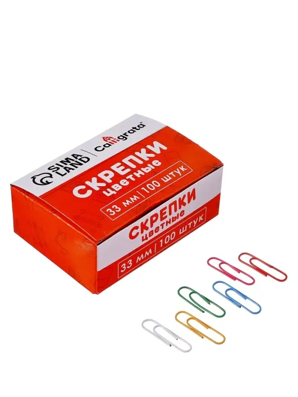Скрепки 33мм цветные в картонной коробке 100 штук Скрепки 33мм цветные в картонной коробке 100 штук