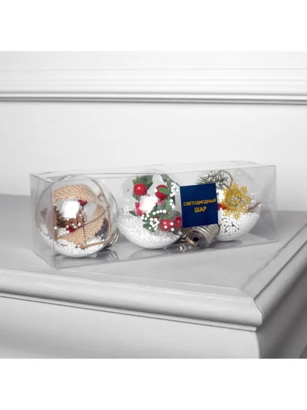 Набор ёлочных шаров &laquo;Зимний лес&raquo;, 3 шт., d=8 см, 1 LED, от батареек, свечение белое