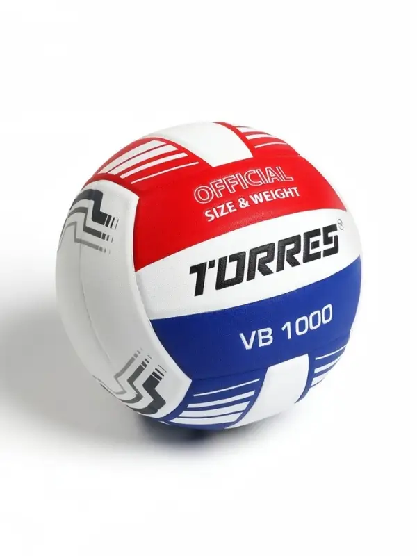 Волейбольный мяч TORRES VB 1000, размер 5, бутиловая камера, клееный, микрофибра, бело-сине-красный